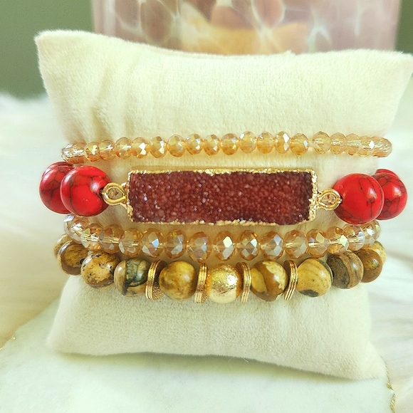 NWT Ryze Natural Stone Druzy, Red Howlite,& Picture Jasper Beaded Staxx Bracelet - Picture 3 of 6